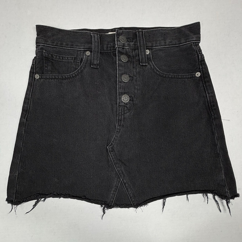 Madewell Black Mini‎ Rigid A-Line Denim Skirt Womens 24 Jean Button Fly Goth EUC